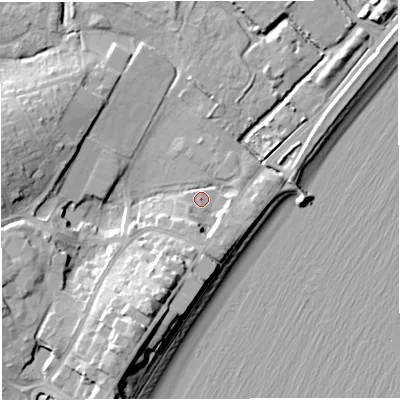 Shaded relief map of the ground around DT47EN, computed from Environment Agency LiDAR. The ground here sits at about 3 m above sea level and falls 16 m across the surrounding 800 m. Surface water reaching this point runs off ground lying to the south, 5.6 m higher.