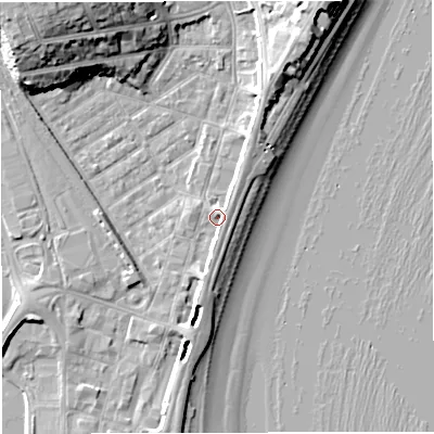 Shaded relief map of the ground around DT47EY, computed from Environment Agency LiDAR. The ground here sits at about 3 m above sea level and falls 16 m across the surrounding 800 m. Surface water reaching this point runs off ground lying to the north-west, 13.6 m higher.