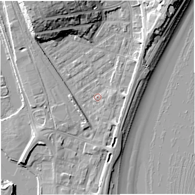 Shaded relief map of the ground around DT47HX, computed from Environment Agency LiDAR. The ground here sits at about 1 m above sea level and falls 16 m across the surrounding 800 m. Surface water reaching this point runs off ground lying to the south-west, 2.3 m higher.