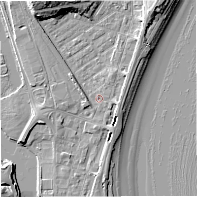Shaded relief map of the ground around DT47HZ, computed from Environment Agency LiDAR. The ground here sits at about 2 m above sea level and falls 13 m across the surrounding 800 m. Surface water reaching this point runs off ground lying to the east-south-east, 1.6 m higher.