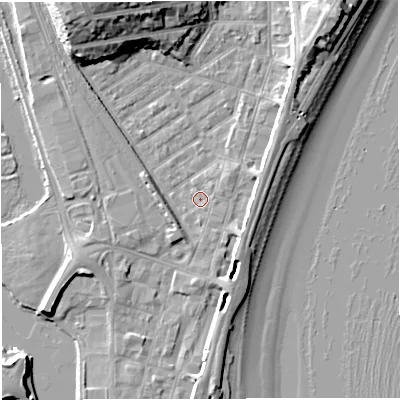 Shaded relief map of the ground around DT47JB, computed from Environment Agency LiDAR. The ground here sits at about 2 m above sea level and falls 15 m across the surrounding 800 m. Surface water reaching this point runs off ground lying to the east, 2.9 m higher.