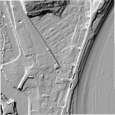 Shaded relief map of the ground around DT47JD, computed from Environment Agency LiDAR. The ground here sits at about 1 m above sea level and falls 14 m across the surrounding 800 m. Surface water reaching this point runs off ground lying to the east, 3.1 m higher.