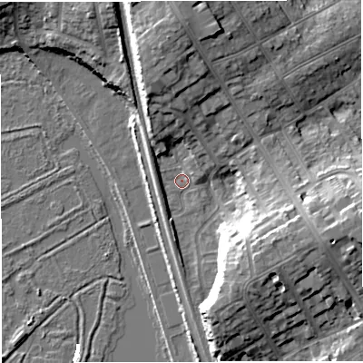 Shaded relief map of the ground around DT47NB, computed from Environment Agency LiDAR. The ground here sits at about 3 m above sea level and falls 16 m across the surrounding 800 m. Surface water reaching this point runs off ground lying to the north, 12.4 m higher.