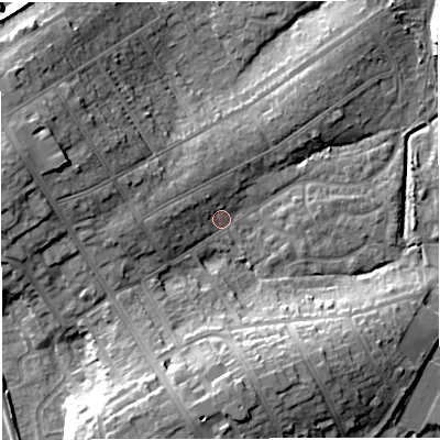 Shaded relief map of the ground around DT47RA, computed from Environment Agency LiDAR. The ground here sits at about 4 m above sea level and falls 15 m across the surrounding 800 m. Surface water reaching this point runs off ground lying to the west, 6.3 m higher.