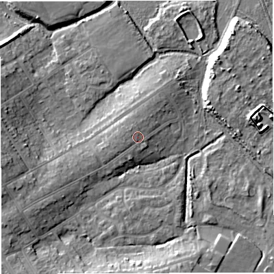 Shaded relief map of the ground around DT47RG, computed from Environment Agency LiDAR. The ground here sits at about 6 m above sea level and falls 10 m across the surrounding 800 m. Surface water reaching this point runs off ground lying to the north-west, 1.2 m higher.