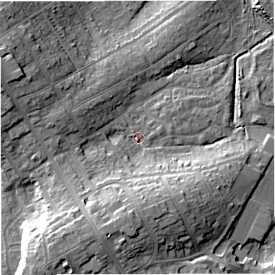 Shaded relief map of the ground around DT47RL, computed from Environment Agency LiDAR. The ground here sits at about 3 m above sea level and falls 15 m across the surrounding 800 m. Surface water reaching this point runs off ground lying to the south, 14.0 m higher.