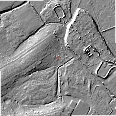 Shaded relief map of the ground around DT47RQ, computed from Environment Agency LiDAR. The ground here sits at about 2 m above sea level and falls 9 m across the surrounding 800 m. Surface water reaching this point runs off ground lying to the west, 3.9 m higher.