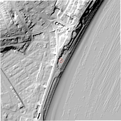 Shaded relief map of the ground around DT47RW, computed from Environment Agency LiDAR. The ground here sits at about 4 m above sea level and falls 16 m across the surrounding 800 m. Surface water reaching this point runs off ground lying to the north-north-east, 5.3 m higher.