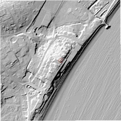 Shaded relief map of the ground around DT47SW, computed from Environment Agency LiDAR. The ground here sits at about 14 m above sea level and falls 16 m across the surrounding 800 m. Surface water reaching this point runs off ground lying to the south, 3.3 m higher.