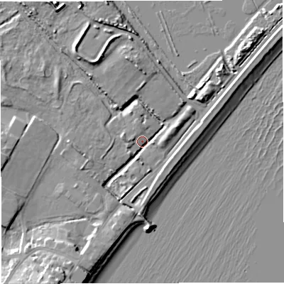 Shaded relief map of the ground around DT47SX, computed from Environment Agency LiDAR. The ground here sits at about 2 m above sea level and falls 14 m across the surrounding 800 m. Surface water reaching this point runs off ground lying to the south-south-west, 4.3 m higher.