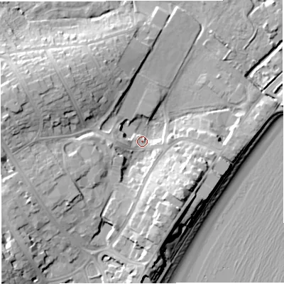 Shaded relief map of the ground around DT47TL, computed from Environment Agency LiDAR. The ground here sits at about 3 m above sea level and falls 17 m across the surrounding 800 m. Surface water reaching this point runs off ground lying to the south-east, 14.2 m higher.