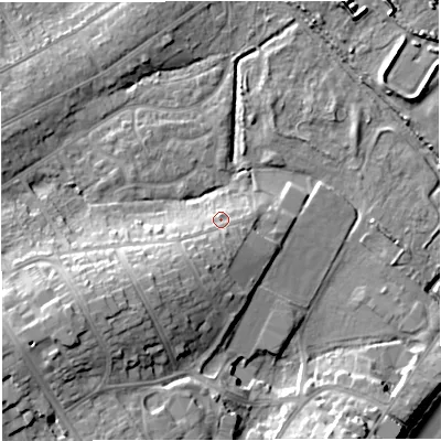 Shaded relief map of the ground around DT47TP, computed from Environment Agency LiDAR. The ground here sits at about 6 m above sea level and falls 17 m across the surrounding 800 m. Surface water reaching this point runs off ground lying to the south-west, 6.3 m higher.