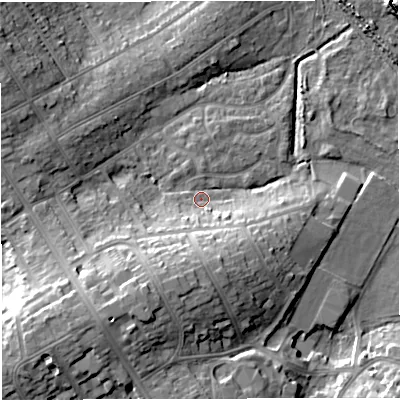 Shaded relief map of the ground around DT47TS, computed from Environment Agency LiDAR. The ground here sits at about 3 m above sea level and falls 15 m across the surrounding 800 m. Surface water reaching this point runs off ground lying to the south-south-west, 12.4 m higher.