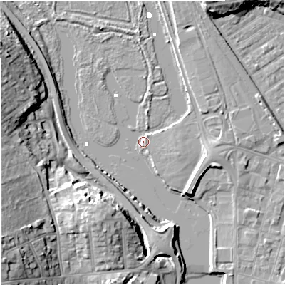 Shaded relief map of the ground around DT47TZ, computed from Environment Agency LiDAR. The ground here sits at about 1 m above sea level and falls 18 m across the surrounding 800 m. Surface water reaching this point runs off ground lying to the south-west, 16.7 m higher.
