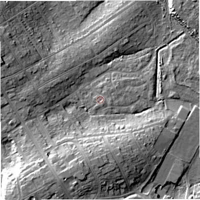 Shaded relief map of the ground around DT47UA, computed from Environment Agency LiDAR. The ground here sits at about 3 m above sea level and falls 15 m across the surrounding 800 m. Surface water reaching this point runs off ground lying to the south-south-west, 14.0 m higher.