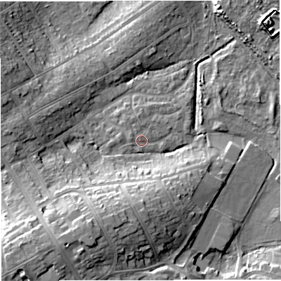 Shaded relief map of the ground around DT47UB, computed from Environment Agency LiDAR. The ground here sits at about 3 m above sea level and falls 16 m across the surrounding 800 m. Surface water reaching this point runs off ground lying to the west, 1.2 m higher.