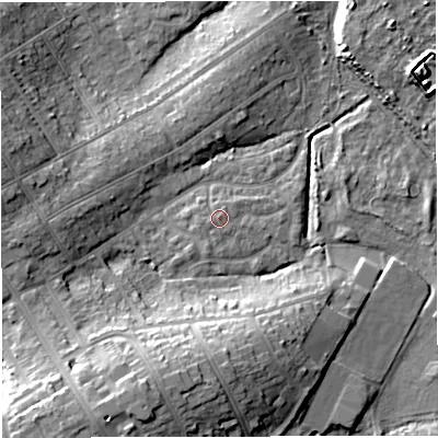 Shaded relief map of the ground around DT47UD, computed from Environment Agency LiDAR. The ground here sits at about 4 m above sea level and falls 15 m across the surrounding 800 m. Surface water reaching this point runs off ground lying to the north-north-east, 0.6 m higher.