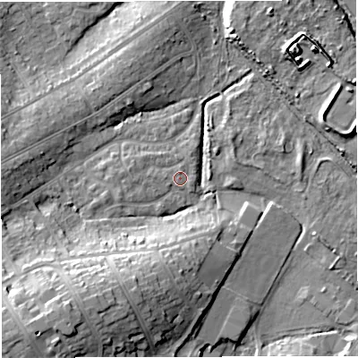 Shaded relief map of the ground around DT47UE, computed from Environment Agency LiDAR. The ground here sits at about 3 m above sea level and falls 16 m across the surrounding 800 m. Surface water reaching this point runs off ground lying to the west, 1.2 m higher.