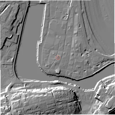 Shaded relief map of the ground around DT48AA, computed from Environment Agency LiDAR. The ground here sits at about 3 m above sea level and falls 31 m across the surrounding 800 m. Surface water reaching this point runs off ground lying to the north-north-east, 0.8 m higher.
