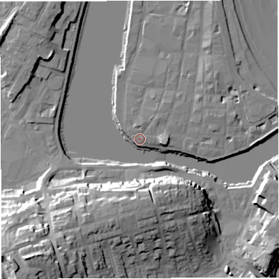 Shaded relief map of the ground around DT48AD, computed from Environment Agency LiDAR. The ground here sits at about 2 m above sea level and falls 37 m across the surrounding 800 m. Surface water reaching this point runs off ground lying to the east-south-east, 3.2 m higher.