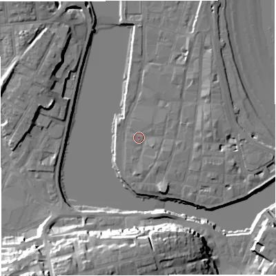 Shaded relief map of the ground around DT48AF, computed from Environment Agency LiDAR. The ground here sits at about 2 m above sea level and falls 27 m across the surrounding 800 m. Surface water reaching this point runs off ground lying to the east, 1.8 m higher.