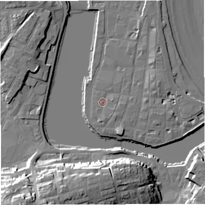 Shaded relief map of the ground around DT48AG, computed from Environment Agency LiDAR. The ground here sits at about 2 m above sea level and falls 30 m across the surrounding 800 m. Surface water reaching this point runs off ground lying to the east, 1.8 m higher.