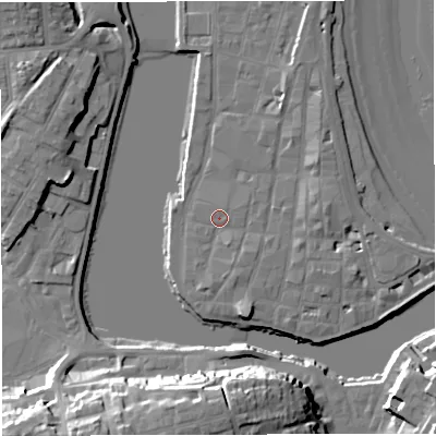 Shaded relief map of the ground around DT48AH, computed from Environment Agency LiDAR. The ground here sits at about 2 m above sea level and falls 24 m across the surrounding 800 m. Surface water reaching this point runs off ground lying to the east-south-east, 1.8 m higher.