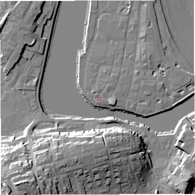 Shaded relief map of the ground around DT48AJ, computed from Environment Agency LiDAR. The ground here sits at about 2 m above sea level and falls 37 m across the surrounding 800 m. Surface water reaching this point runs off ground lying to the east-south-east, 3.2 m higher.