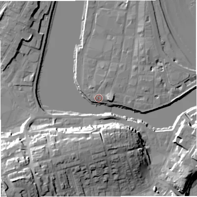 Shaded relief map of the ground around DT48AL, computed from Environment Agency LiDAR. The ground here sits at about 2 m above sea level and falls 37 m across the surrounding 800 m. Surface water reaching this point runs off ground lying to the east, 3.1 m higher.
