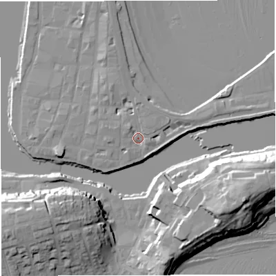 Shaded relief map of the ground around DT48AP, computed from Environment Agency LiDAR. The ground here sits at about 3 m above sea level and falls 24 m across the surrounding 800 m. Surface water reaching this point runs off ground lying to the north-west, 2.5 m higher.