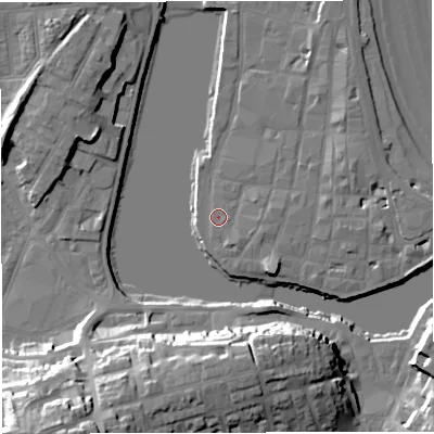 Shaded relief map of the ground around DT48AQ, computed from Environment Agency LiDAR. The ground here sits at about 2 m above sea level and falls 32 m across the surrounding 800 m. Surface water reaching this point runs off ground lying to the south-south-east, 1.3 m higher.