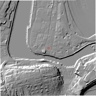 Shaded relief map of the ground around DT48AR, computed from Environment Agency LiDAR. The ground here sits at about 3 m above sea level and falls 34 m across the surrounding 800 m. Surface water reaching this point runs off ground lying to the south-west, 3.0 m higher.