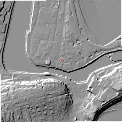 Shaded relief map of the ground around DT48AS, computed from Environment Agency LiDAR. The ground here sits at about 2 m above sea level and falls 31 m across the surrounding 800 m. Surface water reaching this point runs off ground lying to the north, 1.8 m higher.