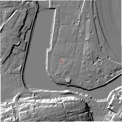 Shaded relief map of the ground around DT48AT, computed from Environment Agency LiDAR. The ground here sits at about 2 m above sea level and falls 29 m across the surrounding 800 m. Surface water reaching this point runs off ground lying to the east, 1.8 m higher.