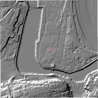 Shaded relief map of the ground around DT48AU, computed from Environment Agency LiDAR. The ground here sits at about 2 m above sea level and falls 28 m across the surrounding 800 m. Surface water reaching this point runs off ground lying to the east, 1.8 m higher.