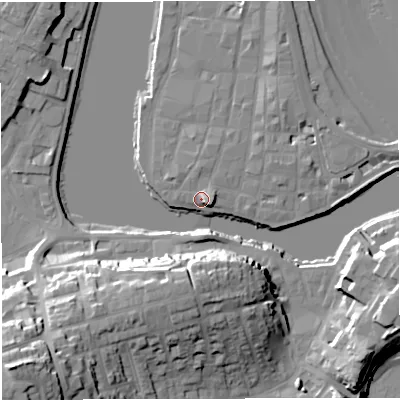 Shaded relief map of the ground around DT48AW, computed from Environment Agency LiDAR. The ground here sits at about 3 m above sea level and falls 37 m across the surrounding 800 m. Surface water reaching this point runs off ground lying to the east-south-east, 2.9 m higher.