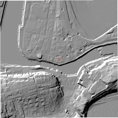 Shaded relief map of the ground around DT48AX, computed from Environment Agency LiDAR. The ground here sits at about 2 m above sea level and falls 27 m across the surrounding 800 m. Surface water reaching this point runs off ground lying to the north-north-east, 1.7 m higher.