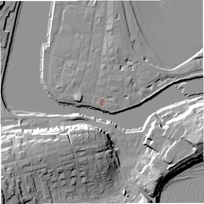 Shaded relief map of the ground around DT48AY, computed from Environment Agency LiDAR. The ground here sits at about 2 m above sea level and falls 31 m across the surrounding 800 m. Surface water reaching this point runs off ground lying to the north-north-east, 2.3 m higher.