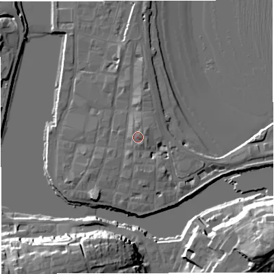 Shaded relief map of the ground around DT48BB, computed from Environment Agency LiDAR. The ground here sits at about 4 m above sea level and falls 23 m across the surrounding 800 m. Surface water reaching this point runs off ground lying to the north-north-east, 1.7 m higher.