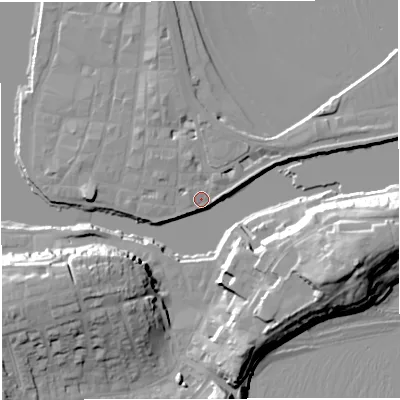 Shaded relief map of the ground around DT48BG, computed from Environment Agency LiDAR. The ground here sits at about 2 m above sea level and falls 24 m across the surrounding 800 m. Surface water reaching this point runs off ground lying to the east-south-east, 23.7 m higher.