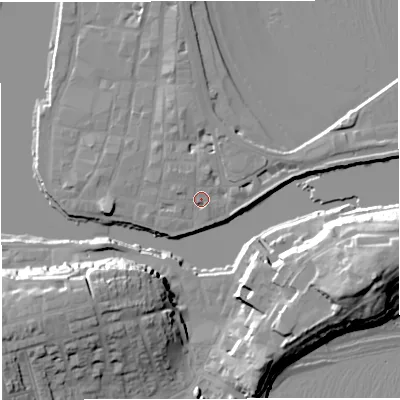Shaded relief map of the ground around DT48BN, computed from Environment Agency LiDAR. The ground here sits at about 3 m above sea level and falls 24 m across the surrounding 800 m. Surface water reaching this point runs off ground lying to the north-north-west, 1.7 m higher.