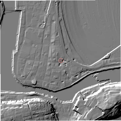 Shaded relief map of the ground around DT48BP, computed from Environment Agency LiDAR. The ground here sits at about 3 m above sea level and falls 24 m across the surrounding 800 m. Surface water reaching this point runs off ground lying to the north-north-west, 3.0 m higher.