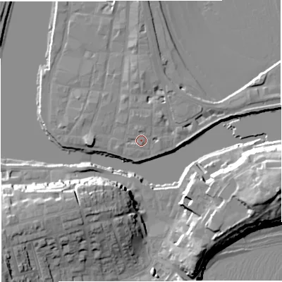 Shaded relief map of the ground around DT48BT, computed from Environment Agency LiDAR. The ground here sits at about 3 m above sea level and falls 26 m across the surrounding 800 m. Surface water reaching this point runs off ground lying to the north-north-east, 1.5 m higher.