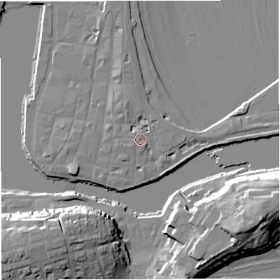 Shaded relief map of the ground around DT48BW, computed from Environment Agency LiDAR. The ground here sits at about 4 m above sea level and falls 24 m across the surrounding 800 m. Surface water reaching this point runs off ground lying to the west-south-west, 0.7 m higher.