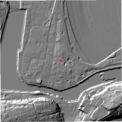 Shaded relief map of the ground around DT48BZ, computed from Environment Agency LiDAR. The ground here sits at about 3 m above sea level and falls 24 m across the surrounding 800 m. Surface water reaching this point runs off ground lying to the north, 3.0 m higher.