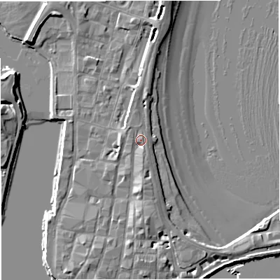 Shaded relief map of the ground around DT48DE, computed from Environment Agency LiDAR. The ground here sits at about 4 m above sea level and falls 8 m across the surrounding 800 m. Surface water reaching this point runs off ground lying to the south-south-east, 1.8 m higher.