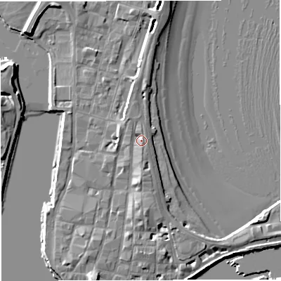 Shaded relief map of the ground around DT48DF, computed from Environment Agency LiDAR. The ground here sits at about 4 m above sea level and falls 8 m across the surrounding 800 m. Surface water reaching this point runs off ground lying to the south, 2.0 m higher.