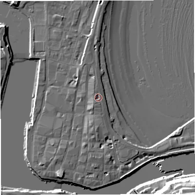 Shaded relief map of the ground around DT48DG, computed from Environment Agency LiDAR. The ground here sits at about 4 m above sea level and falls 22 m across the surrounding 800 m. Surface water reaching this point runs off ground lying to the south-south-west, 1.3 m higher.
