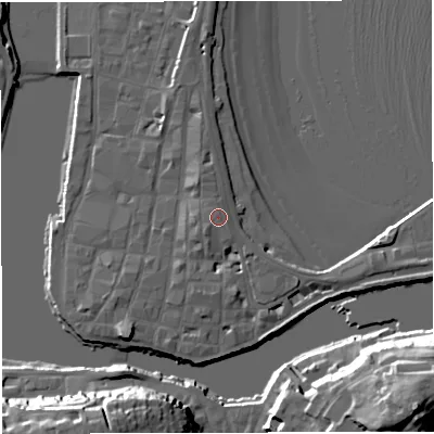 Shaded relief map of the ground around DT48DH, computed from Environment Agency LiDAR. The ground here sits at about 4 m above sea level and falls 24 m across the surrounding 800 m. The ground contributing surface water to this point lies to the north.