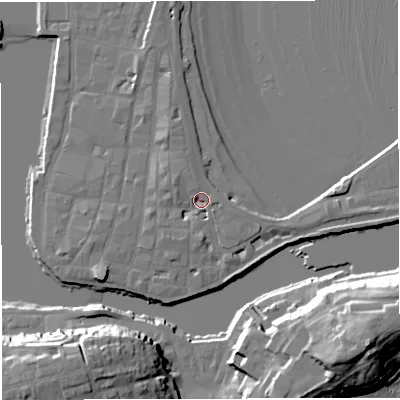 Shaded relief map of the ground around DT48DJ, computed from Environment Agency LiDAR. The ground here sits at about 3 m above sea level and falls 24 m across the surrounding 800 m. Surface water reaching this point runs off ground lying to the north-west, 3.0 m higher.